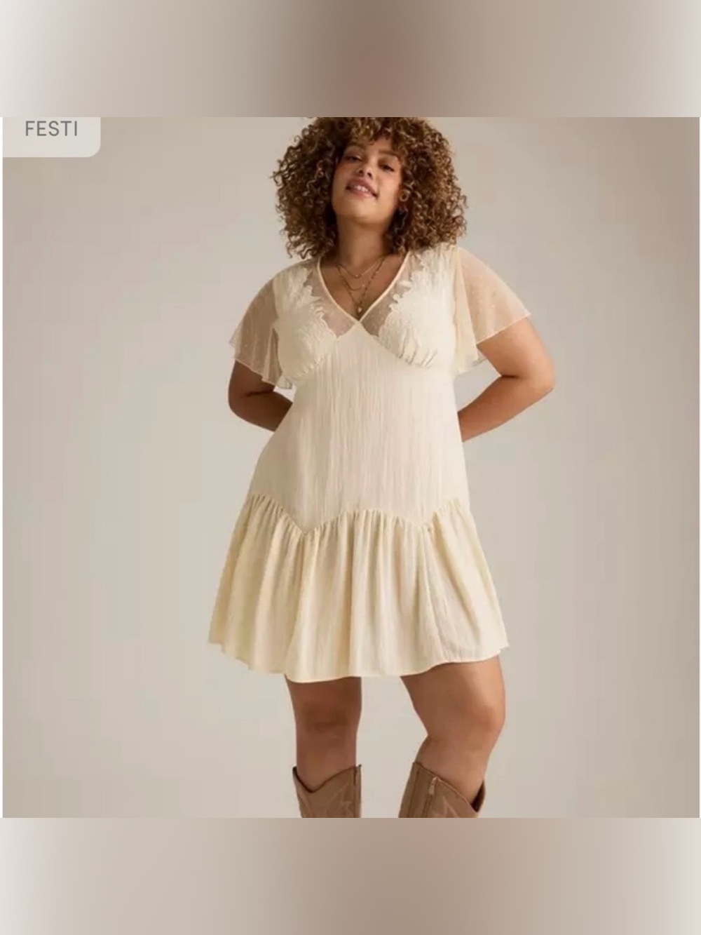 torrid FESTI Cream Flutter Sleeve Tiered Tunic Dress - Picture 2 of 7